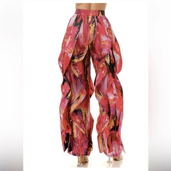 Ruffle Wavy RED ABSTRACT print Women's Pants - Picture 2 of 13
